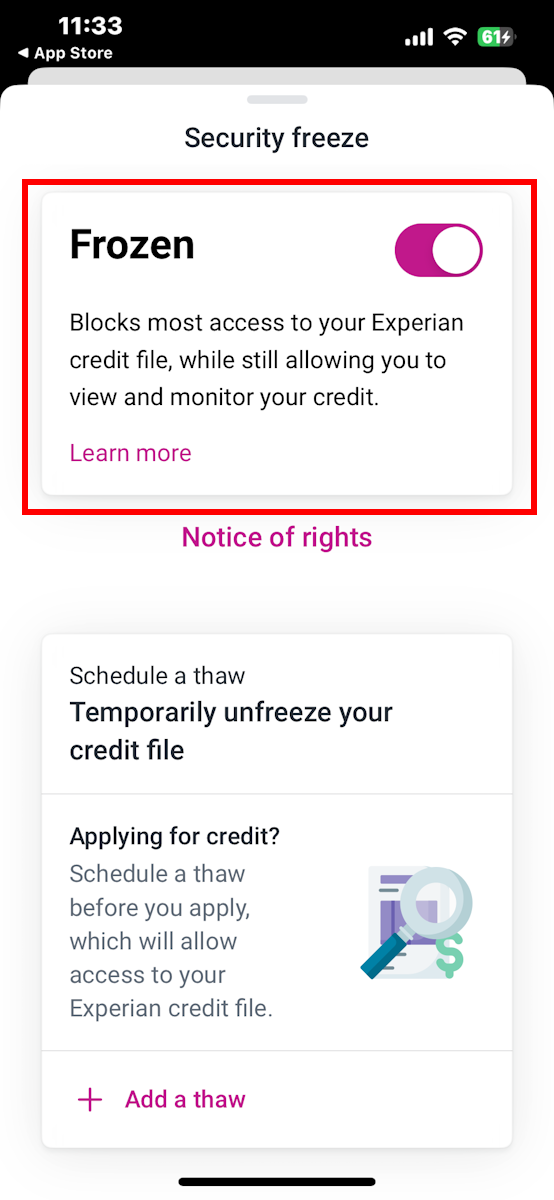 The Experian mobile app showing freeze button