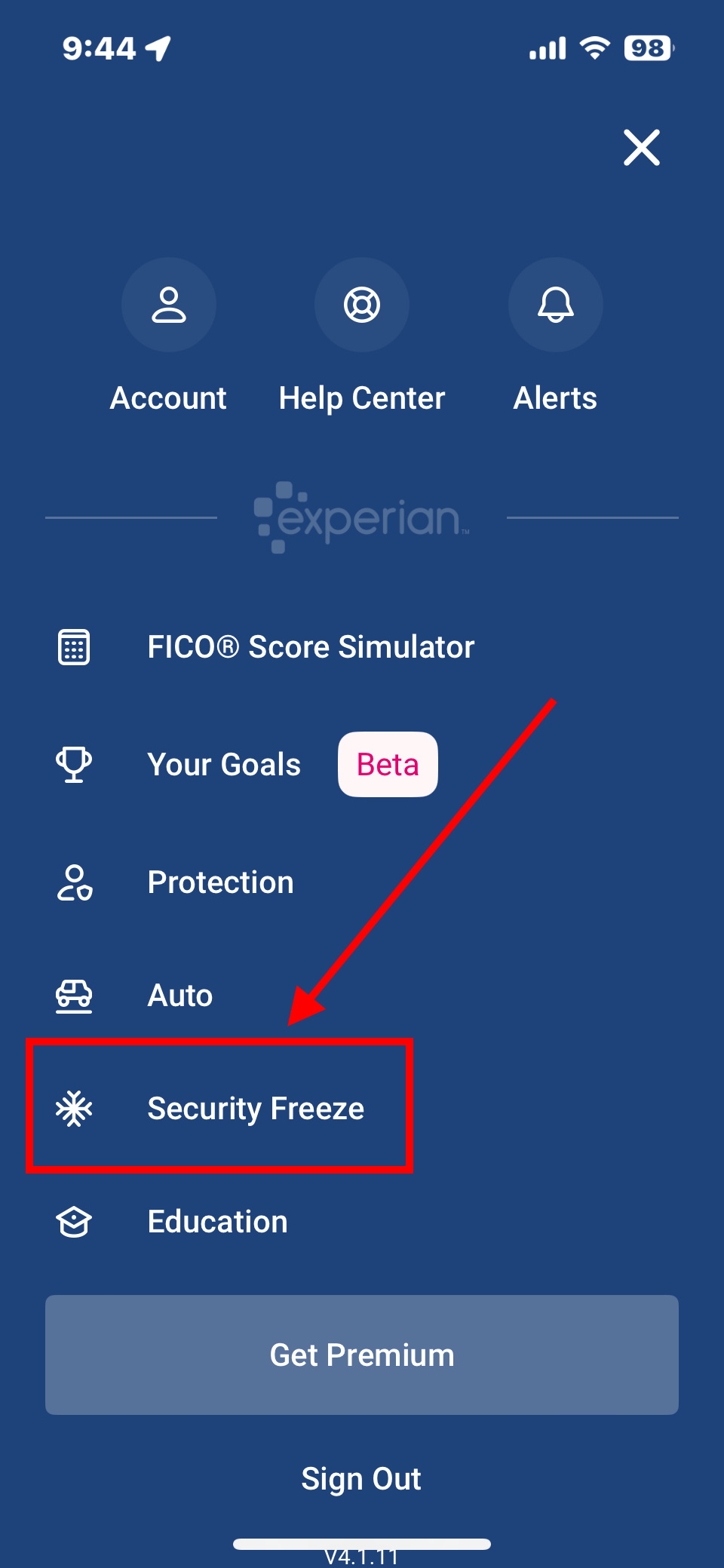 Unfreezing credit report in Experian app